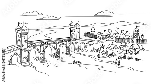 Photos Medieval Castle Bridge and Encampment Landscape Drawing