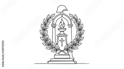 Photos Wreath Memorial Torch with Soldier Helmet and Cross - Continuous Line Art