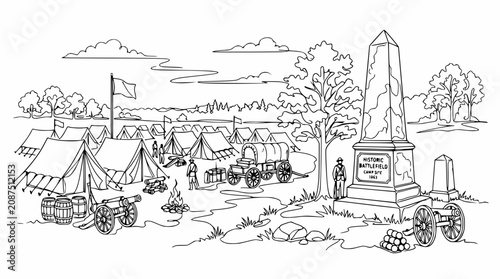 Schilderij op canvas Civil War Battlefield Camp Scene - Tents, Cannons, Wagons, Monument, Soldiers