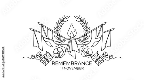 Quadro su tela Remembrance Day Symbol: Poppy, Flame, Flags, Laurel Wreath - Continuous Line Art