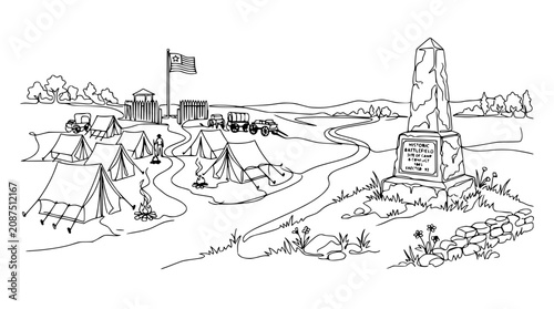 Картината върху платно Historical Battlefield Camp Scene with Monument and Tents