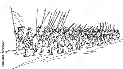 Photos Historical Infantry Marching with Drum and Flag, Line Drawing Illustration