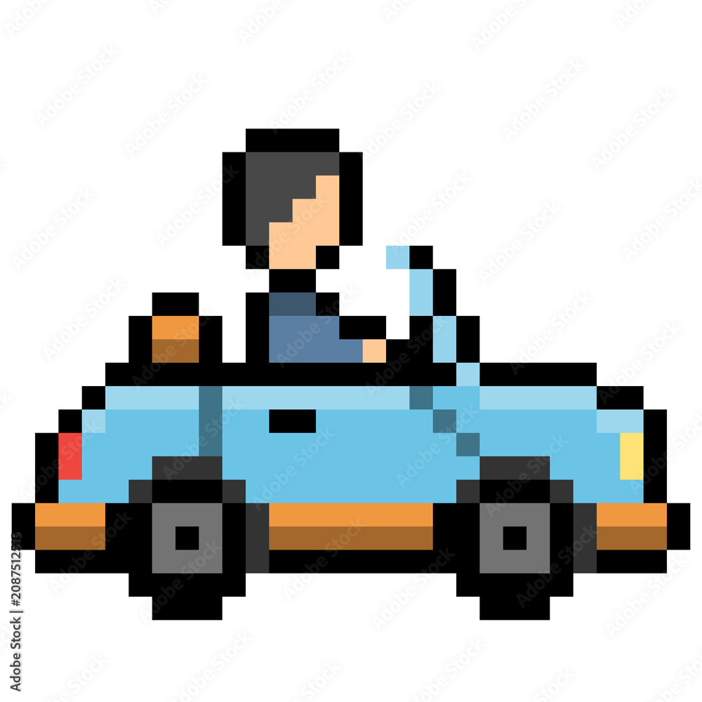 Fototapeta premium 8 bit Pixel art of a man driving a blue convertible car 