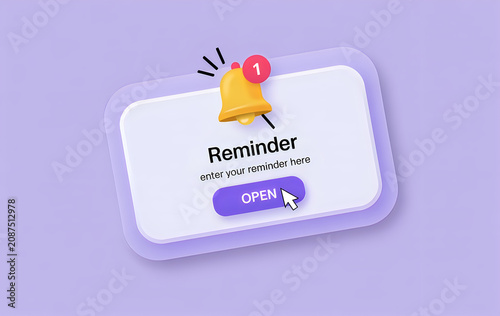 A notification reminder popup with a yellow bell icon and purple button on a light purple background with a white text box