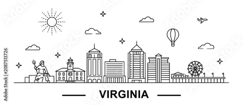 Φωτογραφία Virginia Beach skyline line art illustration with King Neptune statue and boardw