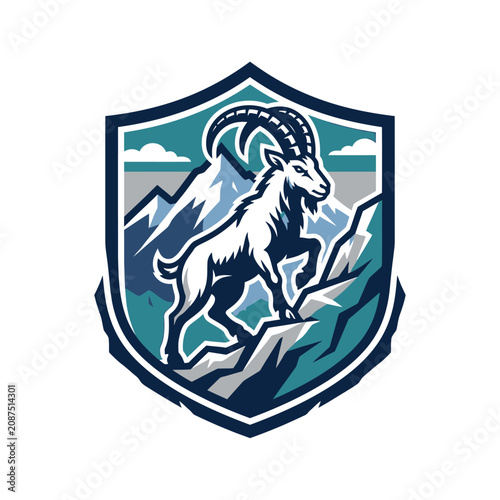 Alpine ibex mountain goat crest shield emblem.