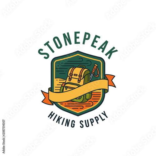 Stonepeak Hiking Supply backpack and mountain shield badge logo.