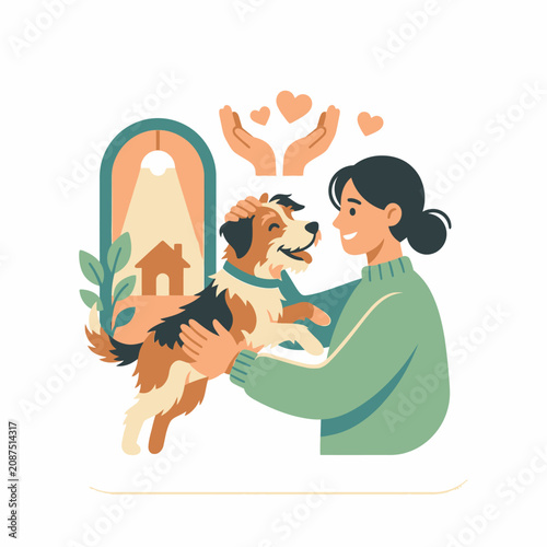 Woman hugging her pet dog with floating orange hearts.