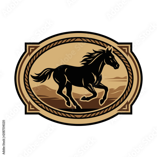 Black horse galloping in decorative vintage frame.