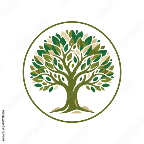 Stylized circular green tree emblem.