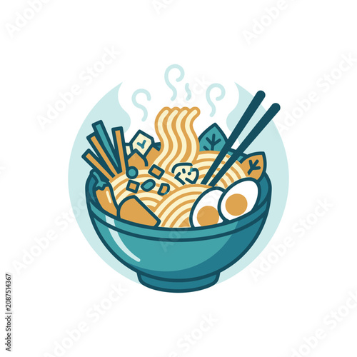 Stylized bowl of Asian ramen soup with floating steam.