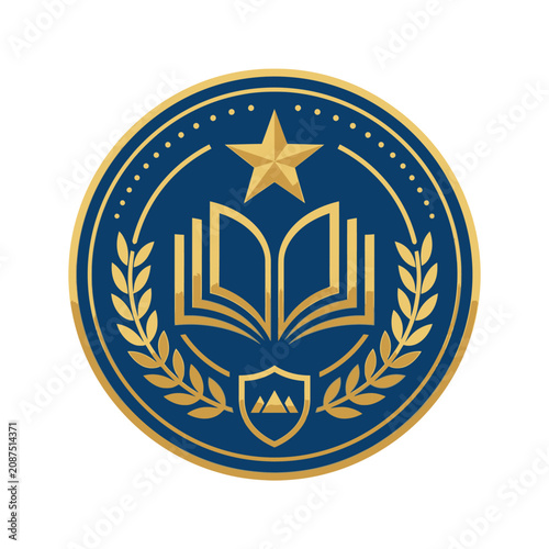 Blue and gold academic crest with book and star.