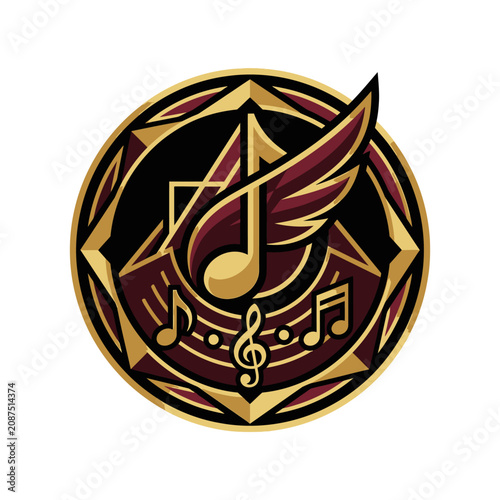Musical note logo with wings and geometric circle.