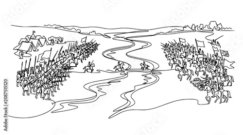 Foto Ancient Army Battle Lineup Across River Landscape Illustration