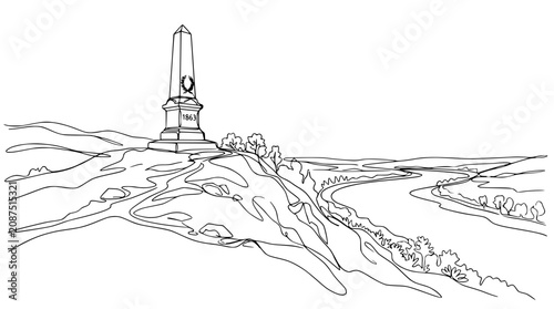 Photography Monolithic Monument on Hilltop Overlooking River Landscape Line Drawing