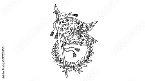 Foto Heraldic Banner with Lion and Cross Emblem, Laurel Wreath, Vintage Illustration