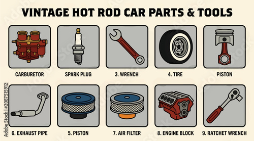 Cuadro en lienzo Vintage Hot Rod Car Parts and Tools Flat Vector Icons Set, Featuring Carburetor,