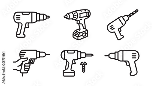 Set of electric power drill icons with tools and screw construction electric equipment handyman workshop industrial collection maintenance carpentry renovation hardware building accessory