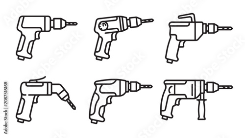 Set of electric drill icons and power tools for construction with construction electric equipment handyman workshop industrial collection maintenance carpentry renovation hardware building