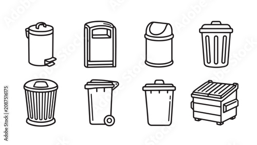 Set of various waste bins and trash can vector icons outline with container cleaning management disposal household collection illustration isolated infrastructure sanitation environment