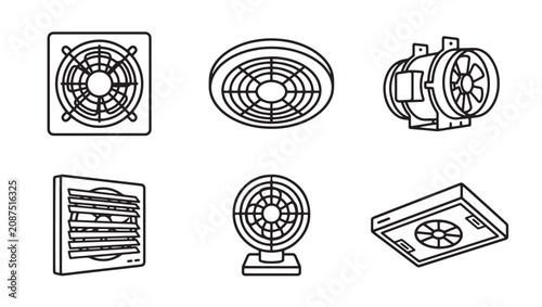 Industrial and residential ventilation fans vector outline icon set with ventilation industrial residential illustration technology equipment machinery circulation isolated collection