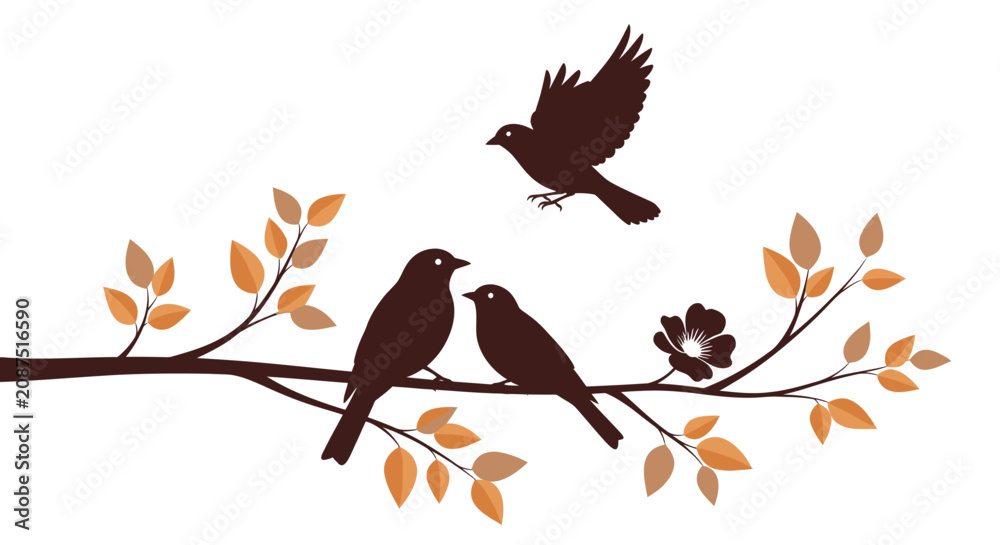Fototapeta premium Silhouette of birds on a branch with autumn leaves.