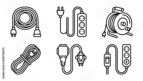Linear icons of electrical power cords and cable management reels with extension electrical electric connector electricity collection illustration isolated monochrome technology hardware
