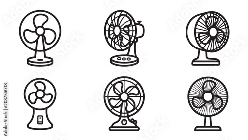 Set of desk and portable electric fans in line art style with electric appliance ventilator portable equipment circulation technology collection illustration isolated monochrome rotating