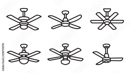 Ceiling fan collection in simple black and white line art with ventilator appliance interior lighting circulator technology collection illustration isolated monochrome rotating electric