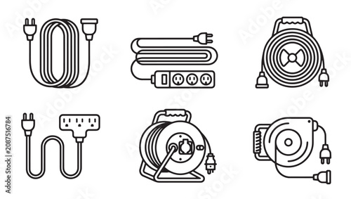 Set of electrical power extension cords and cable reels line icons with extension electrical electric connector equipment industrial household construction maintenance collection monochrome