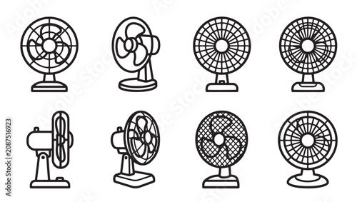 Collection of electric desk and table fans line icons with electric appliance ventilation portable electronics household machinery equipment rotating protection monochrome collection