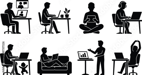 Remote Work and Home Office Lifestyle Silhouette Icons Collection