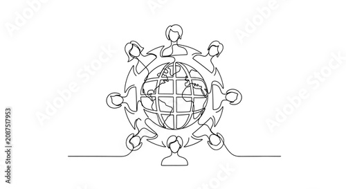 Global connection: One line drawing of diverse people surrounding planet Earth.