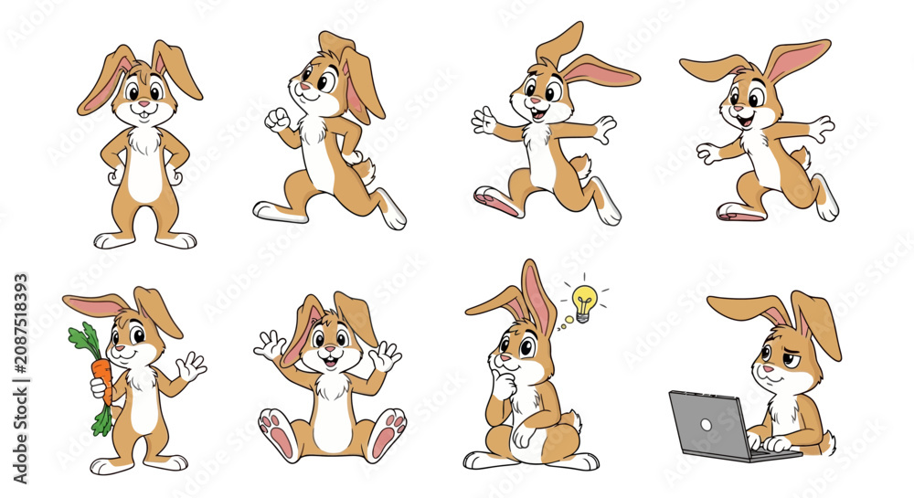 Obraz premium Collection of Adorable Cartoon Bunny Rabbit Characters in Various Poses.