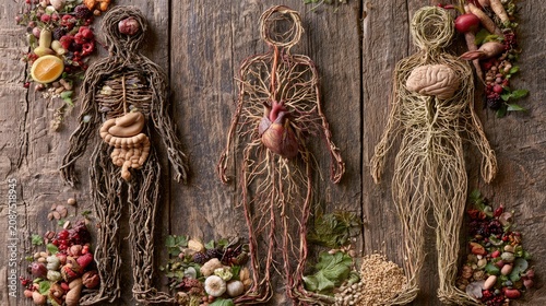 Organic figures composed of roots, organs, and plants