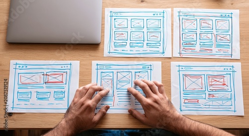 Hands sketch digital interface layouts on paper from a laptop