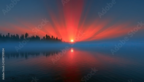 Fiery sunrise over misty water, silhouetting a distant treeline