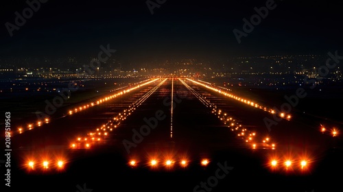 Illuminated runway at night with distant city lights in the background