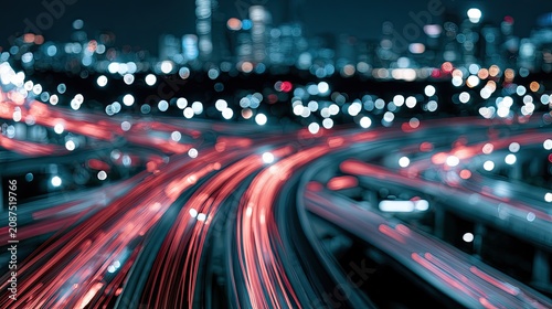 Blurred red light trails streak across a dark, futuristic highway interchange