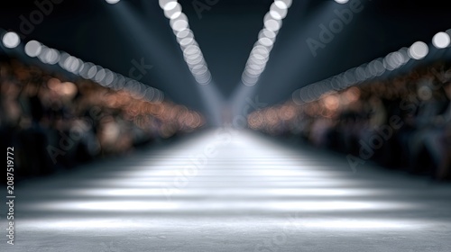 Blurred runway with bright lights and seated audience