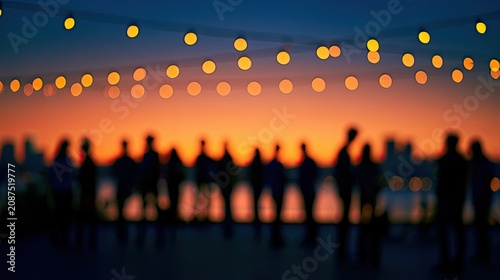 Silhouetted crowd watches sunset beneath string lights