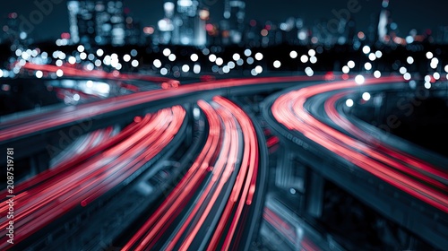 Streaks of red light blur on elevated highway curves at night, city lights in background