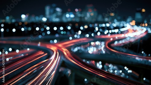 Blurry night highway with streaks of light from moving vehicles, city lights in distance