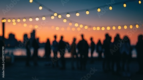 Silhouettes of people gathered under string lights at sunset