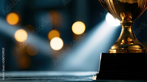 A gleaming golden trophy sits on a dark surface, illuminated by spotlights and bokeh lights
