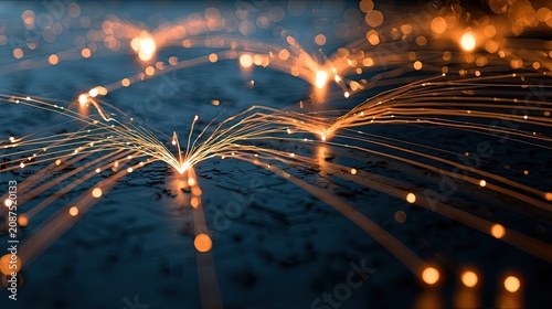 Abstract glowing lines connect luminous nodes against a dark, textured background