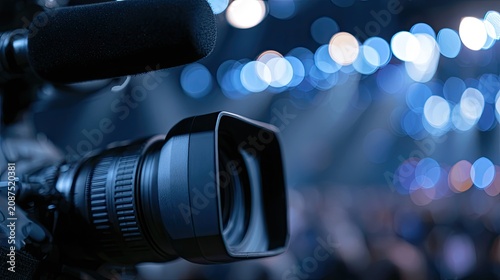 Professional camera lens and microphone capture blurred blue lights of a stage