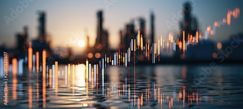 Abstract digital data visualization over a reflective industrial landscape at sunset