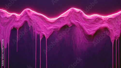 Abstract pink substance drips down from illuminated wavy surface against dark background
