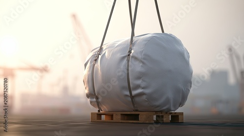 Large, cylindrical cargo, covered in white sheeting, lifted by cranes